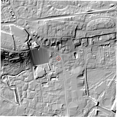 Shaded relief map of the ground around RG141AS, computed from Environment Agency LiDAR. The ground here sits at about 77 m above sea level and falls 18 m across the surrounding 800 m. Surface water reaching this point runs off ground lying to the west-north-west, 4.6 m higher.
