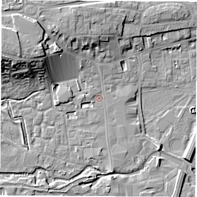 Shaded relief map of the ground around RG141AW, computed from Environment Agency LiDAR. The ground here sits at about 76 m above sea level and falls 17 m across the surrounding 800 m. Surface water reaching this point runs off ground lying to the north-west, 4.9 m higher.