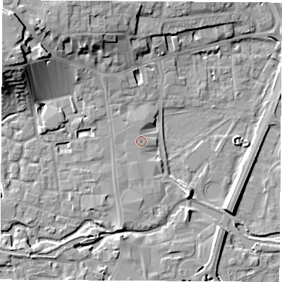 Shaded relief map of the ground around RG141AY, computed from Environment Agency LiDAR. The ground here sits at about 76 m above sea level and falls 16 m across the surrounding 800 m. Surface water reaching this point runs off ground lying to the south-south-west, 2.7 m higher.
