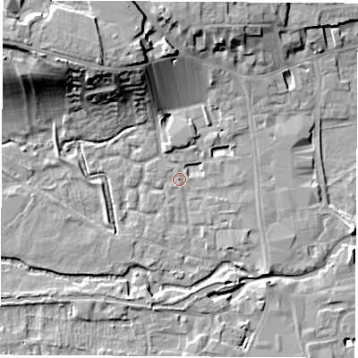 Shaded relief map of the ground around RG141BD, computed from Environment Agency LiDAR. The ground here sits at about 76 m above sea level and falls 20 m across the surrounding 800 m. Surface water reaching this point runs off ground lying to the south-south-west, 0.5 m higher.
