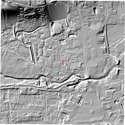 Shaded relief map of the ground around RG141BE, computed from Environment Agency LiDAR. The ground here sits at about 76 m above sea level and falls 19 m across the surrounding 800 m. Surface water reaching this point runs off ground lying to the north-west, 17.8 m higher.