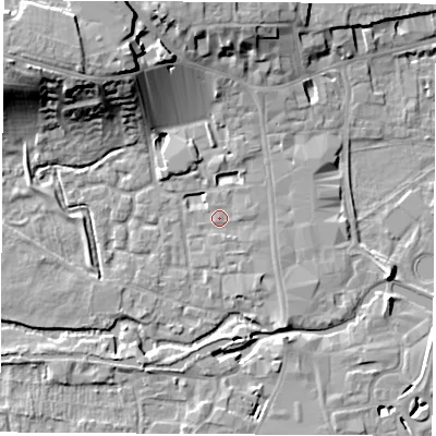 Shaded relief map of the ground around RG141BF, computed from Environment Agency LiDAR. The ground here sits at about 76 m above sea level and falls 19 m across the surrounding 800 m. Surface water reaching this point runs off ground lying to the south-south-east, 2.2 m higher.