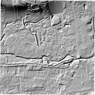 Shaded relief map of the ground around RG141BN, computed from Environment Agency LiDAR. The ground here sits at about 77 m above sea level and falls 17 m across the surrounding 800 m. Surface water reaching this point runs off ground lying to the west-south-west, 0.8 m higher.