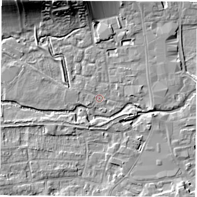 Shaded relief map of the ground around RG141BP, computed from Environment Agency LiDAR. The ground here sits at about 76 m above sea level and falls 16 m across the surrounding 800 m. Surface water reaching this point runs off ground lying to the west-north-west, 1.0 m higher.