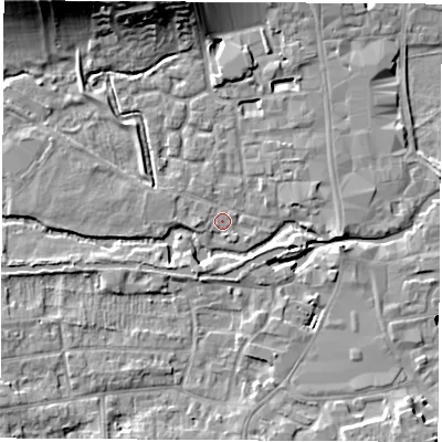 Shaded relief map of the ground around RG141BS, computed from Environment Agency LiDAR. The ground here sits at about 76 m above sea level and falls 15 m across the surrounding 800 m. Surface water reaching this point runs off ground lying to the west-north-west, 1.0 m higher.
