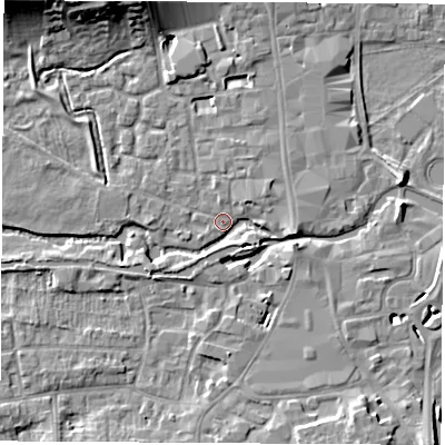 Shaded relief map of the ground around RG141BT, computed from Environment Agency LiDAR. The ground here sits at about 76 m above sea level and falls 14 m across the surrounding 800 m. Surface water reaching this point runs off ground lying to the north-west, 10.9 m higher.
