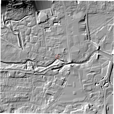 Shaded relief map of the ground around RG141BU, computed from Environment Agency LiDAR. The ground here sits at about 76 m above sea level and falls 16 m across the surrounding 800 m. Surface water reaching this point runs off ground lying to the north-west, 14.8 m higher.