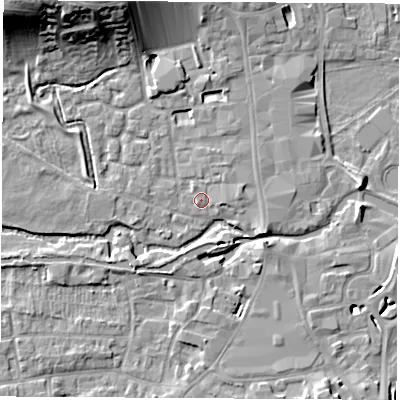Shaded relief map of the ground around RG141BW, computed from Environment Agency LiDAR. The ground here sits at about 76 m above sea level and falls 18 m across the surrounding 800 m. Surface water reaching this point runs off ground lying to the east, 1.1 m higher.