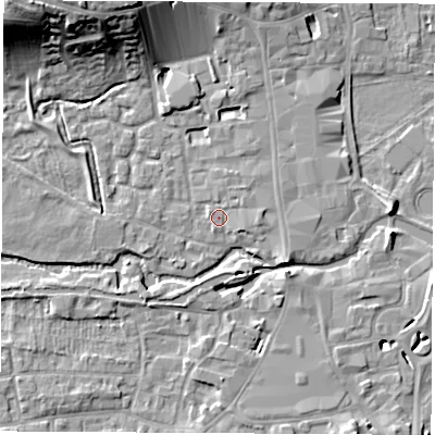 Shaded relief map of the ground around RG141BX, computed from Environment Agency LiDAR. The ground here sits at about 76 m above sea level and falls 19 m across the surrounding 800 m. Surface water reaching this point runs off ground lying to the north-west, 17.2 m higher.