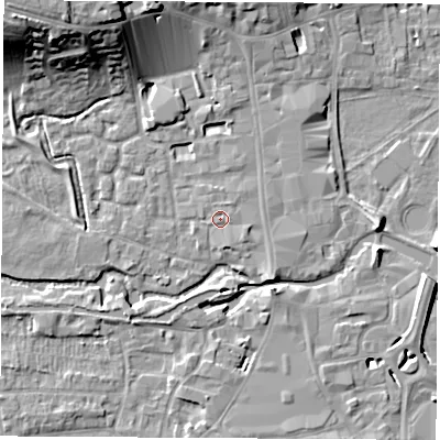 Shaded relief map of the ground around RG141BY, computed from Environment Agency LiDAR. The ground here sits at about 77 m above sea level and falls 19 m across the surrounding 800 m. Surface water reaching this point runs off ground lying to the south-south-east, 0.8 m higher.