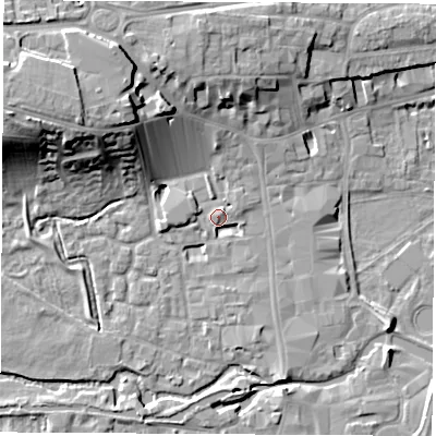 Shaded relief map of the ground around RG141BZ, computed from Environment Agency LiDAR. The ground here sits at about 77 m above sea level and falls 18 m across the surrounding 800 m. Surface water reaching this point runs off ground lying to the north-east, 1.5 m higher.
