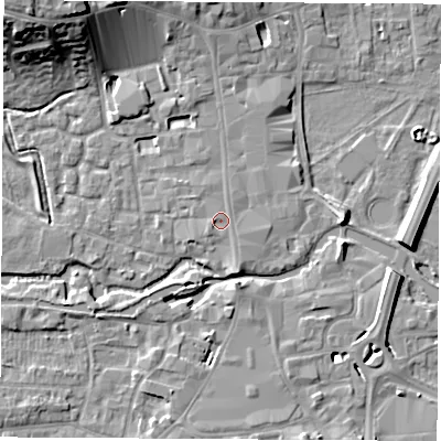 Shaded relief map of the ground around RG141DA, computed from Environment Agency LiDAR. The ground here sits at about 76 m above sea level and falls 18 m across the surrounding 800 m. Surface water reaching this point runs off ground lying to the south-south-east, 2.0 m higher.
