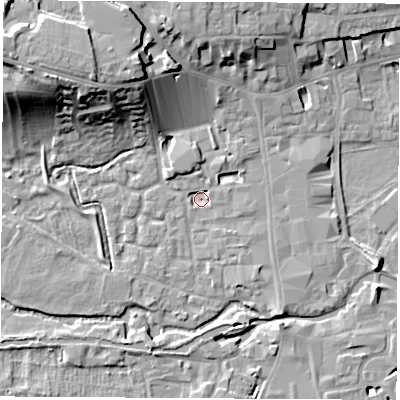 Shaded relief map of the ground around RG141DE, computed from Environment Agency LiDAR. The ground here sits at about 75 m above sea level and falls 20 m across the surrounding 800 m. Surface water reaching this point runs off ground lying to the north-west, 17.8 m higher.