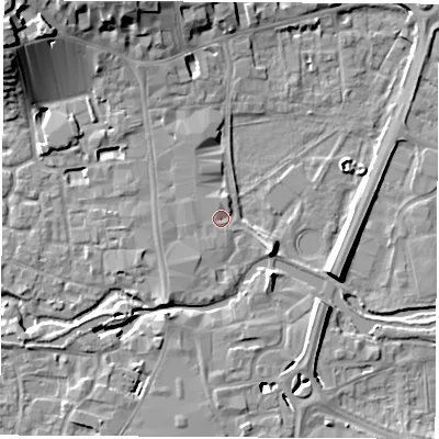 Shaded relief map of the ground around RG141DF, computed from Environment Agency LiDAR. The ground here sits at about 76 m above sea level and falls 16 m across the surrounding 800 m. The ground contributing surface water to this point lies to the west.