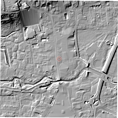Shaded relief map of the ground around RG141DJ, computed from Environment Agency LiDAR. The ground here sits at about 76 m above sea level and falls 18 m across the surrounding 800 m. Surface water reaching this point runs off ground lying to the south, 2.2 m higher.