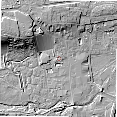 Shaded relief map of the ground around RG141DL, computed from Environment Agency LiDAR. The ground here sits at about 76 m above sea level and falls 18 m across the surrounding 800 m. Surface water reaching this point runs off ground lying to the west-south-west, 1.5 m higher.