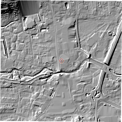 Shaded relief map of the ground around RG141DN, computed from Environment Agency LiDAR. The ground here sits at about 77 m above sea level and falls 17 m across the surrounding 800 m. Surface water reaching this point runs off ground lying to the south-south-west, 1.8 m higher.