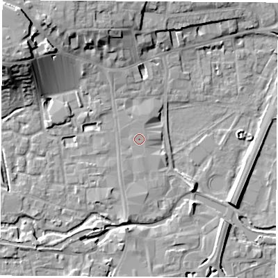 Shaded relief map of the ground around RG141DP, computed from Environment Agency LiDAR. The ground here sits at about 76 m above sea level and falls 17 m across the surrounding 800 m. Surface water reaching this point runs off ground lying to the south, 2.2 m higher.