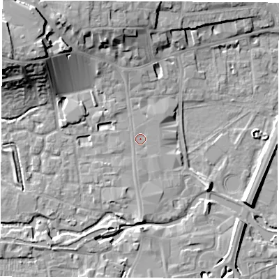 Shaded relief map of the ground around RG141DQ, computed from Environment Agency LiDAR. The ground here sits at about 76 m above sea level and falls 18 m across the surrounding 800 m. Surface water reaching this point runs off ground lying to the south, 2.2 m higher.