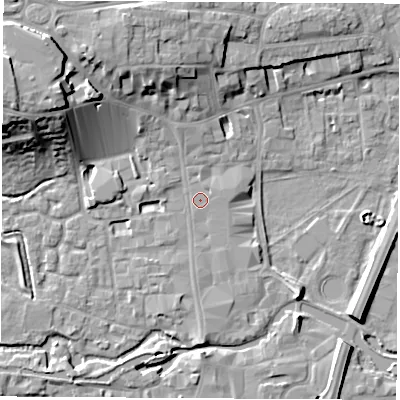 Shaded relief map of the ground around RG141DR, computed from Environment Agency LiDAR. The ground here sits at about 76 m above sea level and falls 17 m across the surrounding 800 m. Surface water reaching this point runs off ground lying to the south, 2.2 m higher.