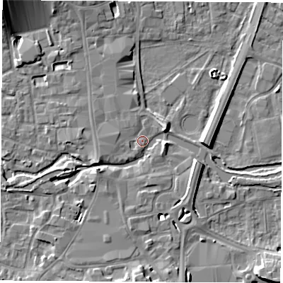 Shaded relief map of the ground around RG141DS, computed from Environment Agency LiDAR. The ground here sits at about 76 m above sea level and falls 12 m across the surrounding 800 m. Surface water reaching this point runs off ground lying to the east-south-east, 5.1 m higher.