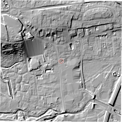 Shaded relief map of the ground around RG141DT, computed from Environment Agency LiDAR. The ground here sits at about 76 m above sea level and falls 17 m across the surrounding 800 m. Surface water reaching this point runs off ground lying to the north-west, 5.0 m higher.