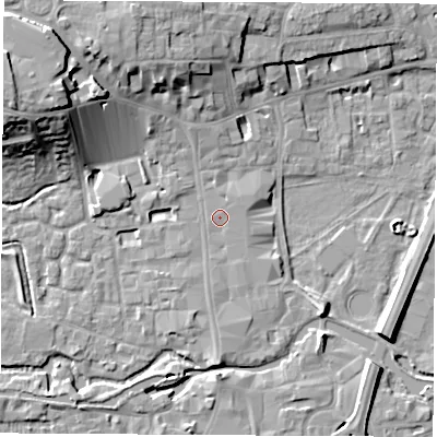 Shaded relief map of the ground around RG141DX, computed from Environment Agency LiDAR. The ground here sits at about 76 m above sea level and falls 17 m across the surrounding 800 m. Surface water reaching this point runs off ground lying to the south, 2.2 m higher.