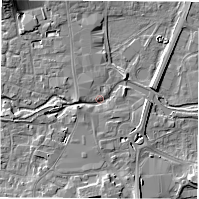 Shaded relief map of the ground around RG141DY, computed from Environment Agency LiDAR. The ground here sits at about 76 m above sea level and falls 10 m across the surrounding 800 m. Surface water reaching this point runs off ground lying to the east, 5.1 m higher.