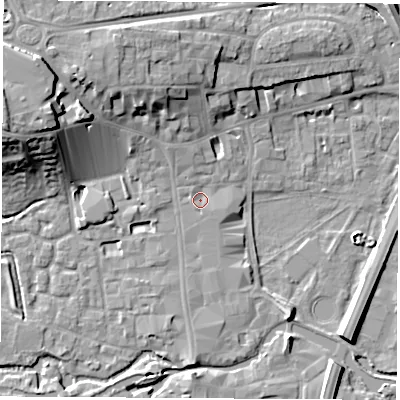 Shaded relief map of the ground around RG141DZ, computed from Environment Agency LiDAR. The ground here sits at about 76 m above sea level and falls 17 m across the surrounding 800 m. Surface water reaching this point runs off ground lying to the south, 1.0 m higher.