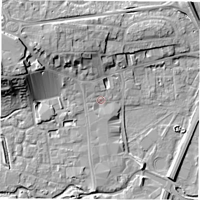 Shaded relief map of the ground around RG141EA, computed from Environment Agency LiDAR. The ground here sits at about 76 m above sea level and falls 17 m across the surrounding 800 m. Surface water reaching this point runs off ground lying to the west-north-west, 5.6 m higher.