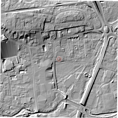 Shaded relief map of the ground around RG141ED, computed from Environment Agency LiDAR. The ground here sits at about 75 m above sea level and falls 12 m across the surrounding 800 m. Surface water reaching this point runs off ground lying to the west-north-west, 11.6 m higher.