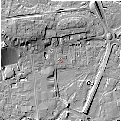 Shaded relief map of the ground around RG141EE, computed from Environment Agency LiDAR. The ground here sits at about 75 m above sea level and falls 12 m across the surrounding 800 m. Surface water reaching this point runs off ground lying to the west-north-west, 11.6 m higher.