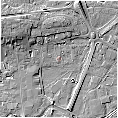 Shaded relief map of the ground around RG141EG, computed from Environment Agency LiDAR. The ground here sits at about 75 m above sea level and falls 12 m across the surrounding 800 m. Surface water reaching this point runs off ground lying to the west-north-west, 10.8 m higher.