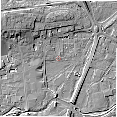 Shaded relief map of the ground around RG141EH, computed from Environment Agency LiDAR. The ground here sits at about 74 m above sea level and falls 12 m across the surrounding 800 m. Surface water reaching this point runs off ground lying to the north-west, 10.8 m higher.