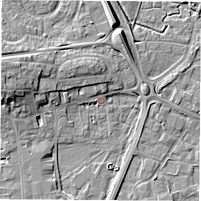 Shaded relief map of the ground around RG141EJ, computed from Environment Agency LiDAR. The ground here sits at about 75 m above sea level and falls 11 m across the surrounding 800 m. Surface water reaching this point runs off ground lying to the north-west, 5.9 m higher.