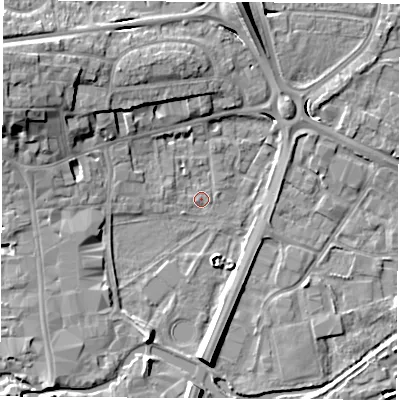 Shaded relief map of the ground around RG141EL, computed from Environment Agency LiDAR. The ground here sits at about 74 m above sea level and falls 11 m across the surrounding 800 m. Surface water reaching this point runs off ground lying to the south-south-west, 5.4 m higher.