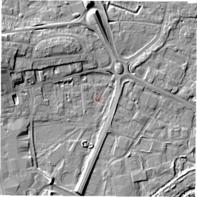 Shaded relief map of the ground around RG141EN, computed from Environment Agency LiDAR. The ground here sits at about 74 m above sea level and falls 11 m across the surrounding 800 m. Surface water reaching this point runs off ground lying to the south-south-west, 5.4 m higher.