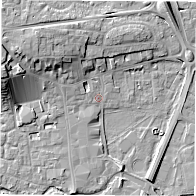 Shaded relief map of the ground around RG141EP, computed from Environment Agency LiDAR. The ground here sits at about 75 m above sea level and falls 16 m across the surrounding 800 m. Surface water reaching this point runs off ground lying to the west-north-west, 14.4 m higher.