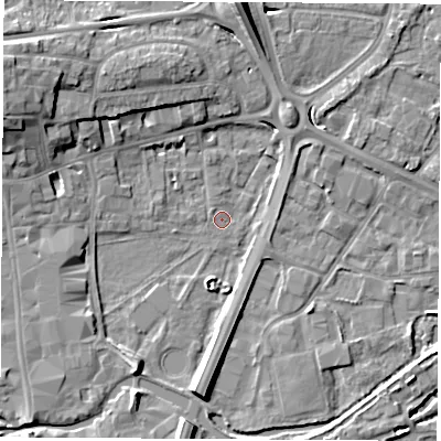 Shaded relief map of the ground around RG141ER, computed from Environment Agency LiDAR. The ground here sits at about 74 m above sea level and falls 10 m across the surrounding 800 m. Surface water reaching this point runs off ground lying to the south-south-west, 5.4 m higher.