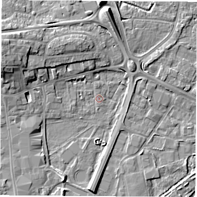 Shaded relief map of the ground around RG141ES, computed from Environment Agency LiDAR. The ground here sits at about 74 m above sea level and falls 11 m across the surrounding 800 m. Surface water reaching this point runs off ground lying to the south-south-west, 5.4 m higher.