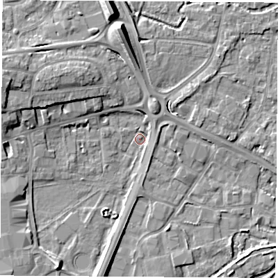 Shaded relief map of the ground around RG141ET, computed from Environment Agency LiDAR. The ground here sits at about 74 m above sea level and falls 11 m across the surrounding 800 m. Surface water reaching this point runs off ground lying to the north, 9.9 m higher.