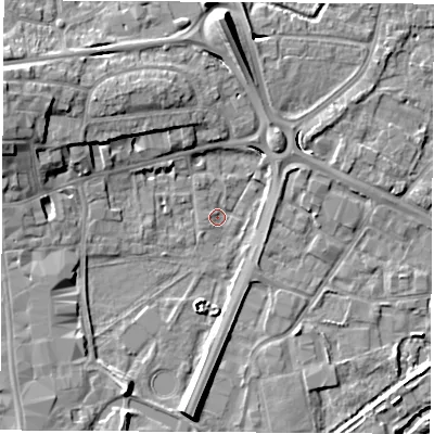 Shaded relief map of the ground around RG141EX, computed from Environment Agency LiDAR. The ground here sits at about 74 m above sea level and falls 10 m across the surrounding 800 m. Surface water reaching this point runs off ground lying to the south-south-west, 5.4 m higher.