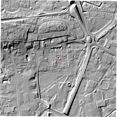 Shaded relief map of the ground around RG141EY, computed from Environment Agency LiDAR. The ground here sits at about 74 m above sea level and falls 11 m across the surrounding 800 m. Surface water reaching this point runs off ground lying to the west-north-west, 10.5 m higher.