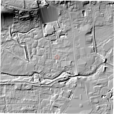 Shaded relief map of the ground around RG141EZ, computed from Environment Agency LiDAR. The ground here sits at about 76 m above sea level and falls 19 m across the surrounding 800 m. Surface water reaching this point runs off ground lying to the north-west, 17.8 m higher.