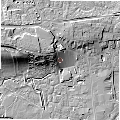 Shaded relief map of the ground around RG141GE, computed from Environment Agency LiDAR. The ground here sits at about 80 m above sea level and falls 19 m across the surrounding 800 m. Surface water reaching this point runs off ground lying to the west-north-west, 12.2 m higher.