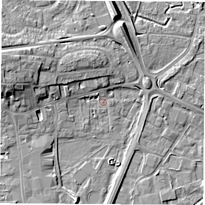 Shaded relief map of the ground around RG141GF, computed from Environment Agency LiDAR. The ground here sits at about 74 m above sea level and falls 11 m across the surrounding 800 m. Surface water reaching this point runs off ground lying to the west-north-west, 9.9 m higher.