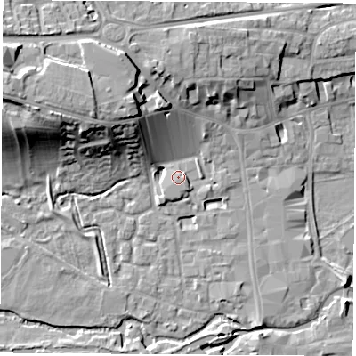 Shaded relief map of the ground around RG141GL, computed from Environment Agency LiDAR. The ground here sits at about 77 m above sea level and falls 19 m across the surrounding 800 m. Surface water reaching this point runs off ground lying to the east-south-east, 1.8 m higher.