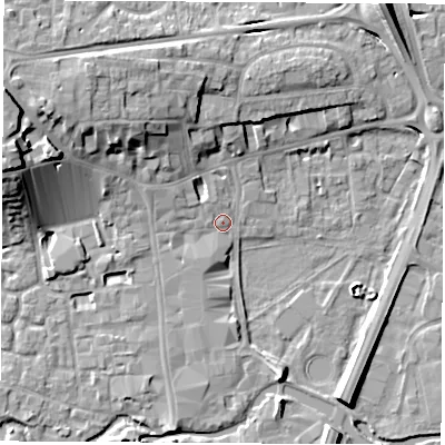 Shaded relief map of the ground around RG141GQ, computed from Environment Agency LiDAR. The ground here sits at about 75 m above sea level and falls 16 m across the surrounding 800 m. Surface water reaching this point runs off ground lying to the west-north-west, 14.4 m higher.