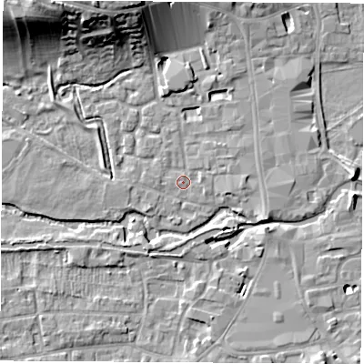 Shaded relief map of the ground around RG141HA, computed from Environment Agency LiDAR. The ground here sits at about 76 m above sea level and falls 19 m across the surrounding 800 m. Surface water reaching this point runs off ground lying to the north-west, 17.2 m higher.