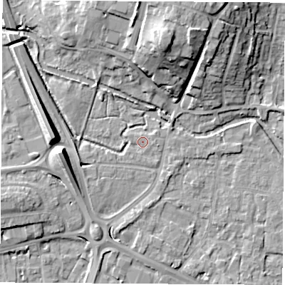 Shaded relief map of the ground around RG141HB, computed from Environment Agency LiDAR. The ground here sits at about 75 m above sea level and falls 17 m across the surrounding 800 m. Surface water reaching this point runs off ground lying to the east-north-east, 0.9 m higher.